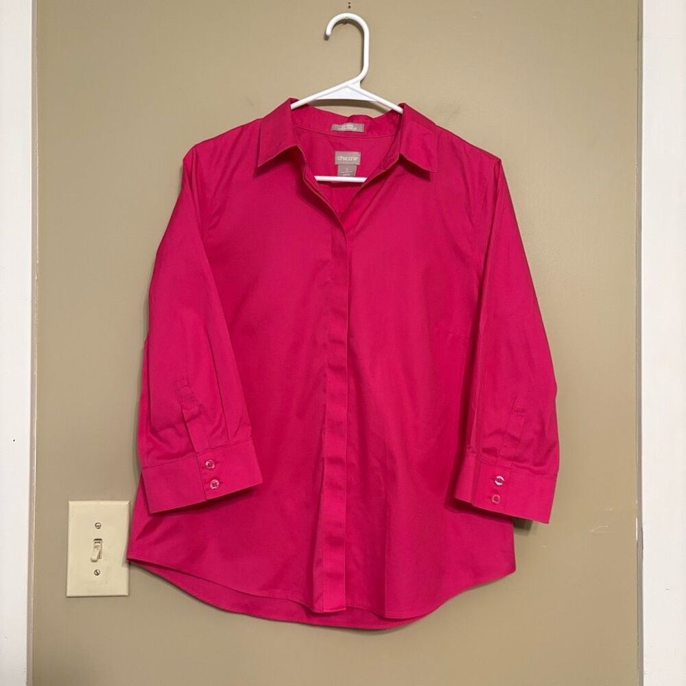 Chicos Pink Cotton No Iron Concealed Button Front Blouse 3/4 Sleeves Size 0/S/4